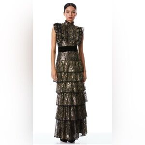 NEW ALICE + OLIVIA TAHARA RUFFLE SLEEVE TIERED MAXI DRESS